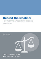 Image of unbalanced scales of justice accompanied by text that reads: Behind the decline: How the criminal justice system is processing young adults, by Liat Tuv.