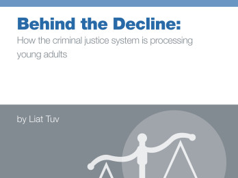 Image of unbalanced scales of justice accompanied by text that reads: Behind the decline: How the criminal justice system is processing young adults, by Liat Tuv.